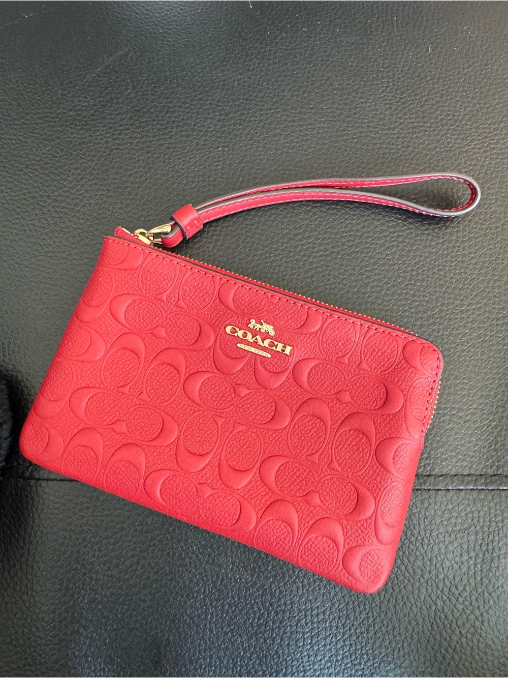 Coach Red Signature Embossed Leather Wristlet Pouch